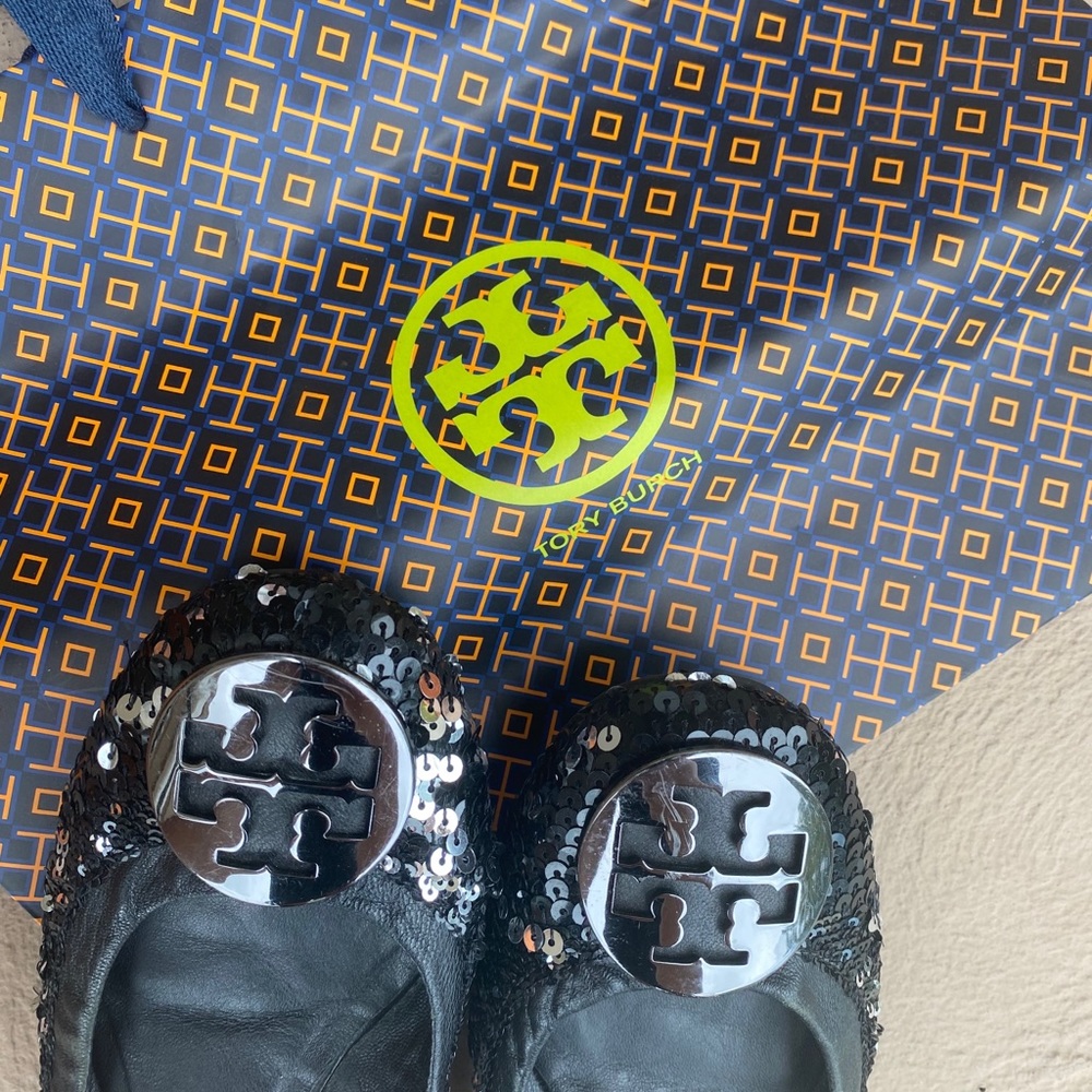 Tory Burch Miller Black and Silver Sequins Flat